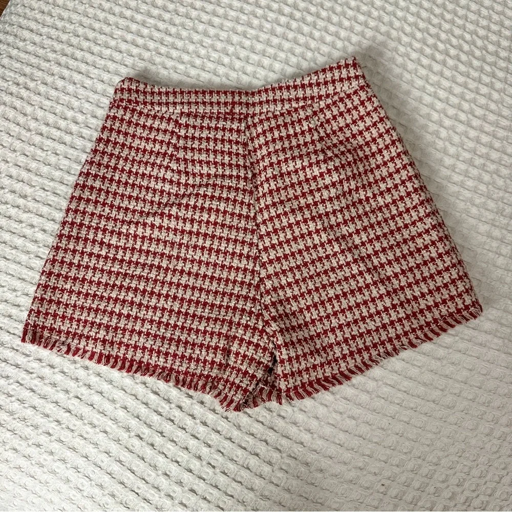 Women Modern Surplice Tweed Textured Mini Skort Houndstooth Skirt Red
